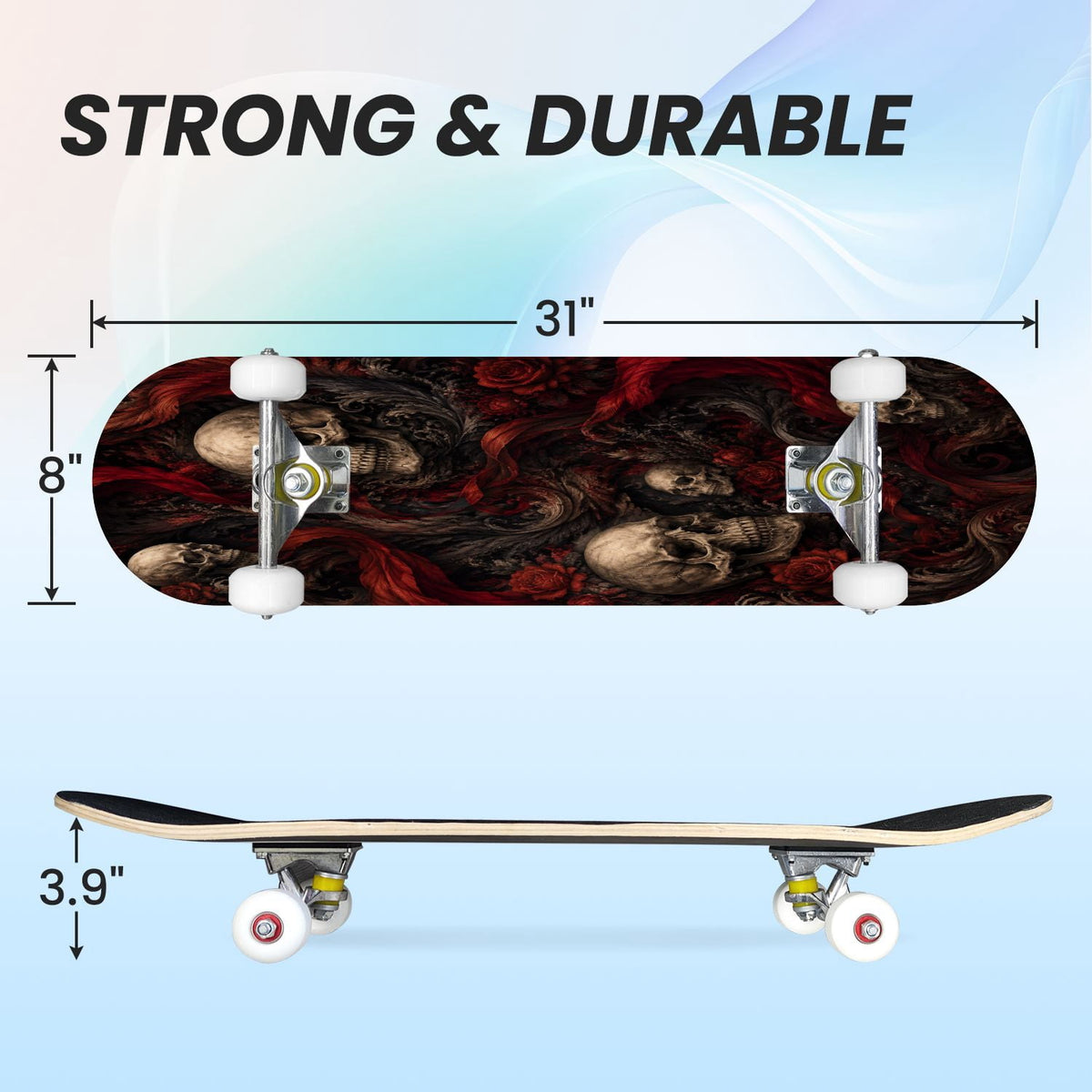 31"x8" Complete Skateboards for Beginners,Cute Ghosts Purple Bows Bats Lilac Halloween Double Kick 7 Ply Canadian Maple Deck Skateboard with Wheels, Gifts for Kids Teens