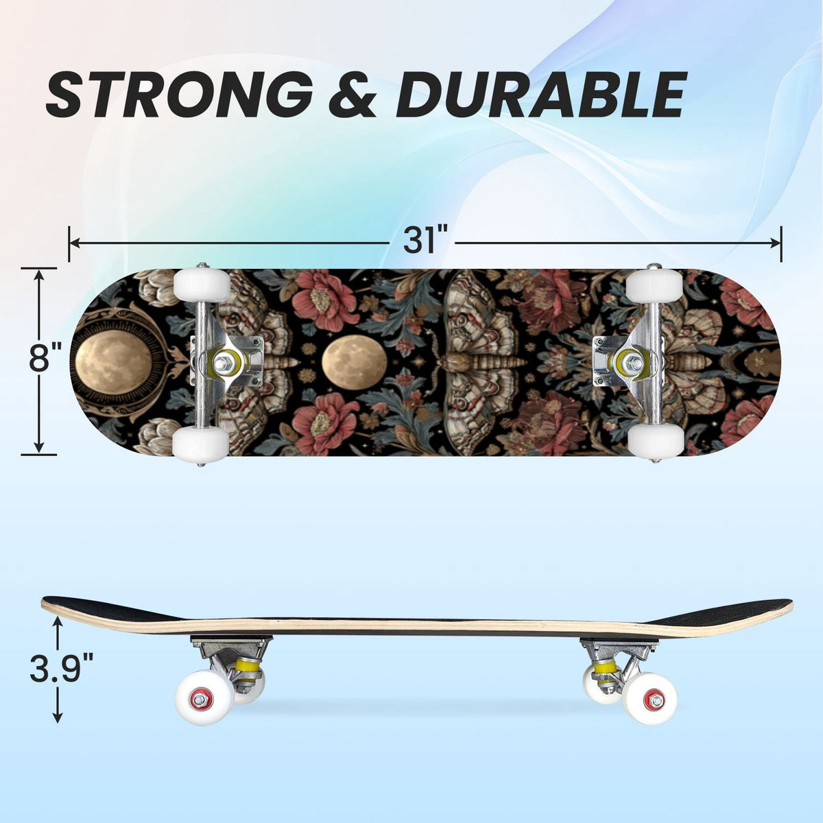 31"x8" Complete Skateboards for Beginners,Whimsical Moths Flowers Pastel Colors Stars Moon Mystical Double Kick 7 Ply Canadian Maple Deck Skateboard with Wheels, Gifts for Kids Teens