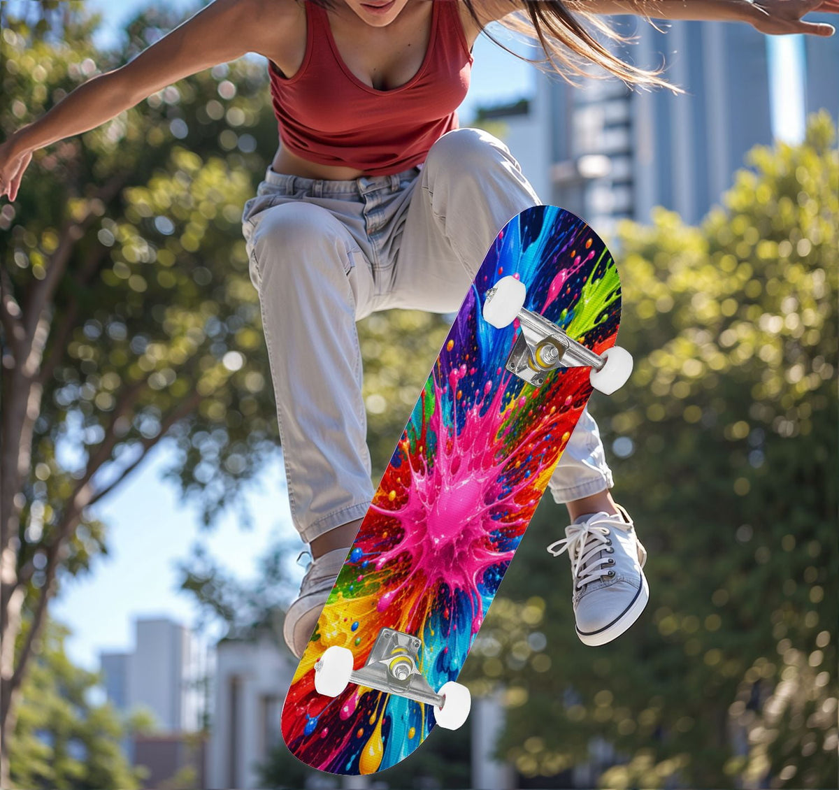 Complete Skateboard Paint Splash Explosion 31 Inch 7-Ply Maple Skateboard with PU Wheels and Aluminum Trucks, Ready-to-Ride Skateboard for Beginners, Teens and Adults
