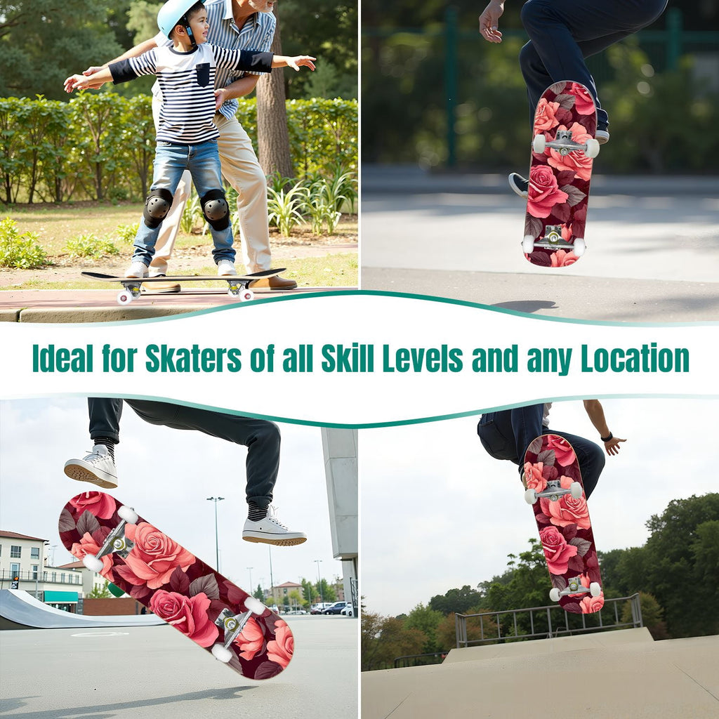 31"x8" Complete Skateboards for Beginners, Elegant Pink Red Roses Green Leaves Dark Double Kick 7 Ply Canadian Maple Deck Skateboard with Wheels, Gifts for Kids Teens