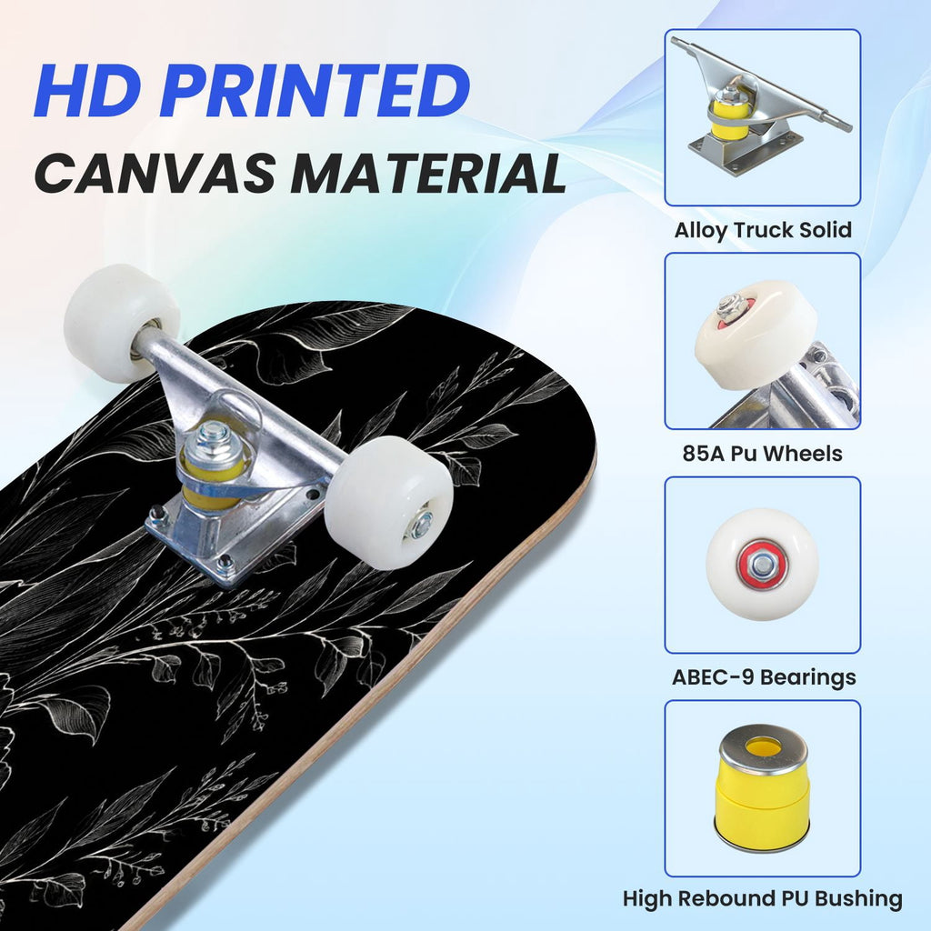 31"x8" Complete Skateboards for Beginners,Cute Ghosts Purple Bows Bats Lilac Halloween Double Kick 7 Ply Canadian Maple Deck Skateboard with Wheels, Gifts for Kids Teens