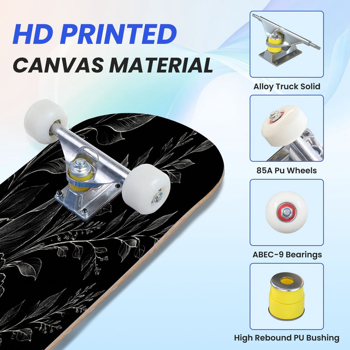 31"x8" Complete Skateboards for Beginners,Cute Ghosts Purple Bows Bats Lilac Halloween Double Kick 7 Ply Canadian Maple Deck Skateboard with Wheels, Gifts for Kids Teens