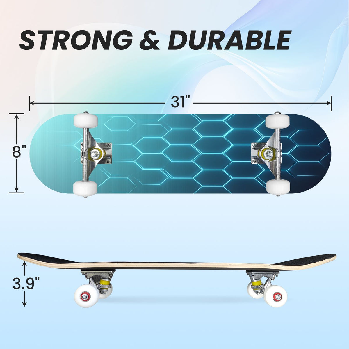 31"x8" Complete Skateboards for Beginners, Honeycomb Futuristic Hexagonal Neon Glowing Orange Light Double Kick 7 Ply Canadian Maple Deck Skateboard with Wheels, Gifts for Kids Teens