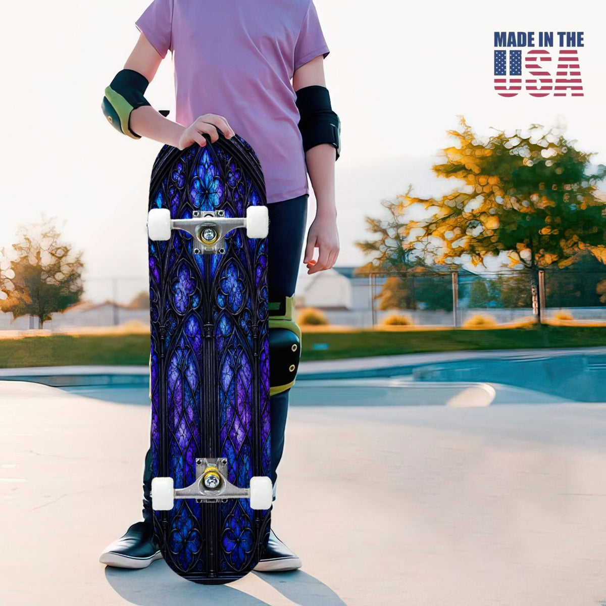 31"x8" Complete Skateboards for Beginners, Purple White Cosmos Flowers Butterflies Watercolor Double Kick 7 Ply Canadian Maple Deck Skateboard with Wheels, Gifts for Kids Teens