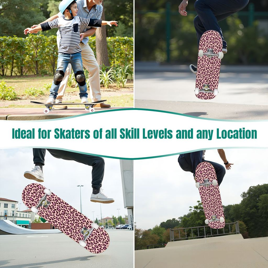 31"x8" Complete Skateboards for Beginners, Pink Floral Ribbon Roses Bows White Double Kick 7 Ply Canadian Maple Deck Skateboard with Wheels, Gifts for Girls Teens
