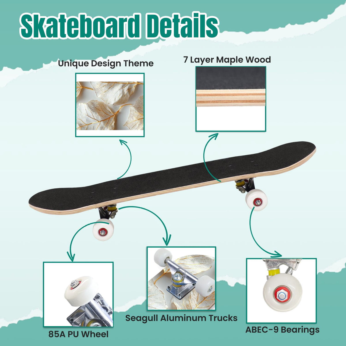 Moss Purple Flowers Rocky Ground 31" x 8" Complete Skateboard, 7-Ply Canadian Maple Double Kick Trick Board for Kids and Beginners Adult Gifts