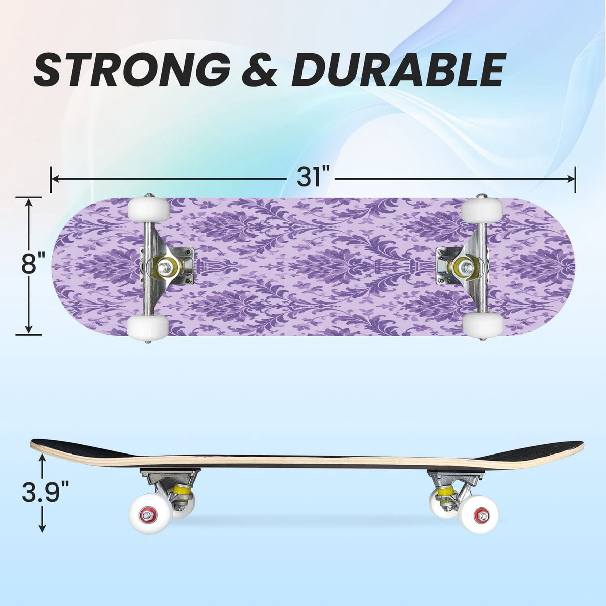 31"x8" Complete Skateboards for Beginners, Vibrant Purple Teal Floral Artwork Golden Accents Vintage Double Kick 7 Ply Canadian Maple Deck Skateboard with Wheels, Gifts for Kids Teens