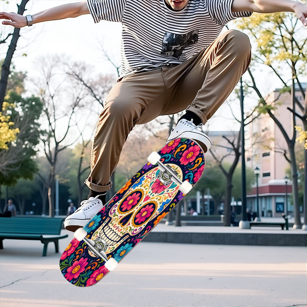 31"x8" Complete Skateboards for Beginners, Colorful Sugar Skulls Floral Patterns Mexican Double Kick 7 Ply Canadian Maple Deck Skateboard with Wheels, Gifts for Kids Teens