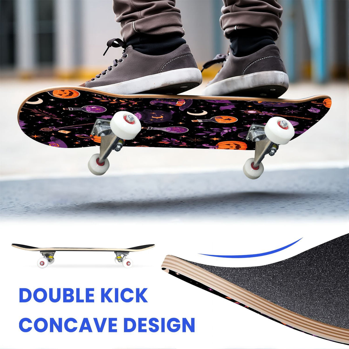 31"x8" Complete Skateboards for Beginners,Halloween Themed Pumpkins Witch Hats Spooky Double Kick 7 Ply Canadian Maple Deck Skateboard with Wheels, Gifts for Kids Teens