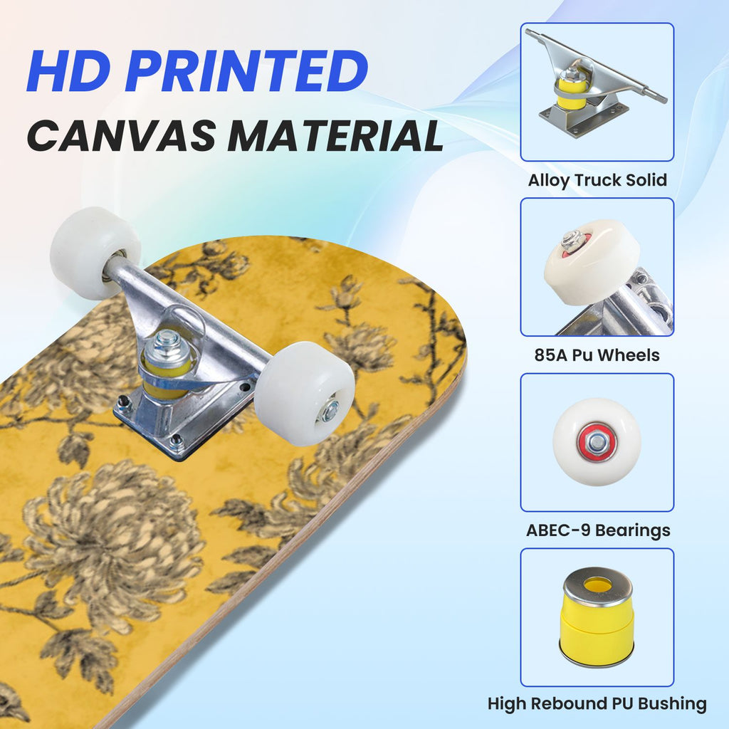 31"x8" Complete Skateboards for Beginners, Turquoise Flowers Teal Daisy Flower Butterfly Blue Romantic Double Kick 7 Ply Canadian Maple Deck Skateboard with Wheels, Gifts for Kids Teens