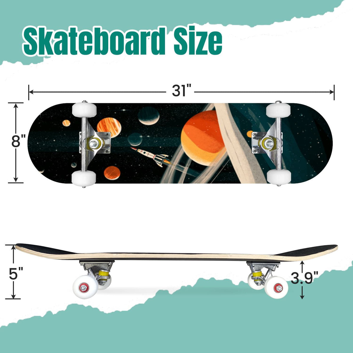 Elegant Cream Peach Peony Floral Green 31" x 8" Complete Skateboard, 7-Ply Canadian Maple Double Kick Trick Board for Kids and Beginners Adult Gifts