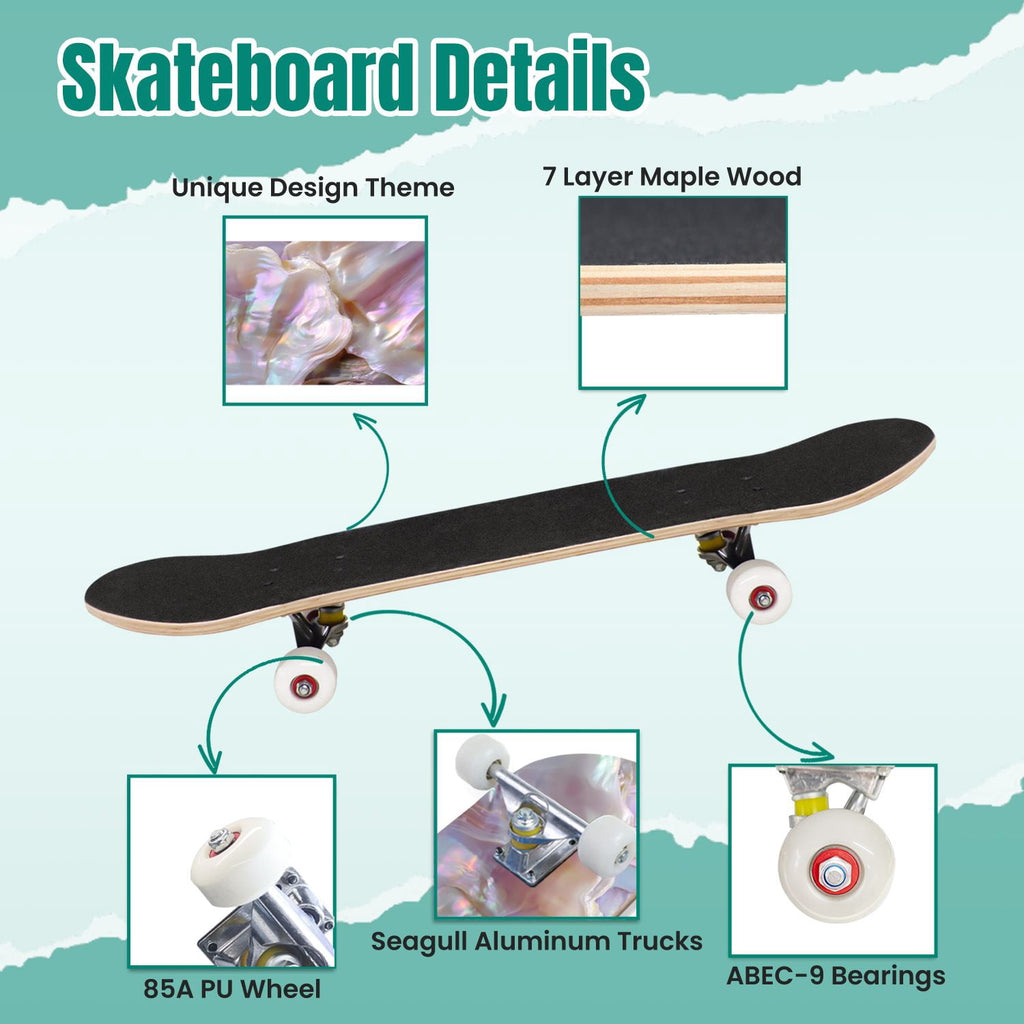 Vintage Damask Light Blue Brown Tones 31" x 8" Complete Skateboard, 7-Ply Canadian Maple Double Kick Trick Board for Kids and Beginners Adult Gifts