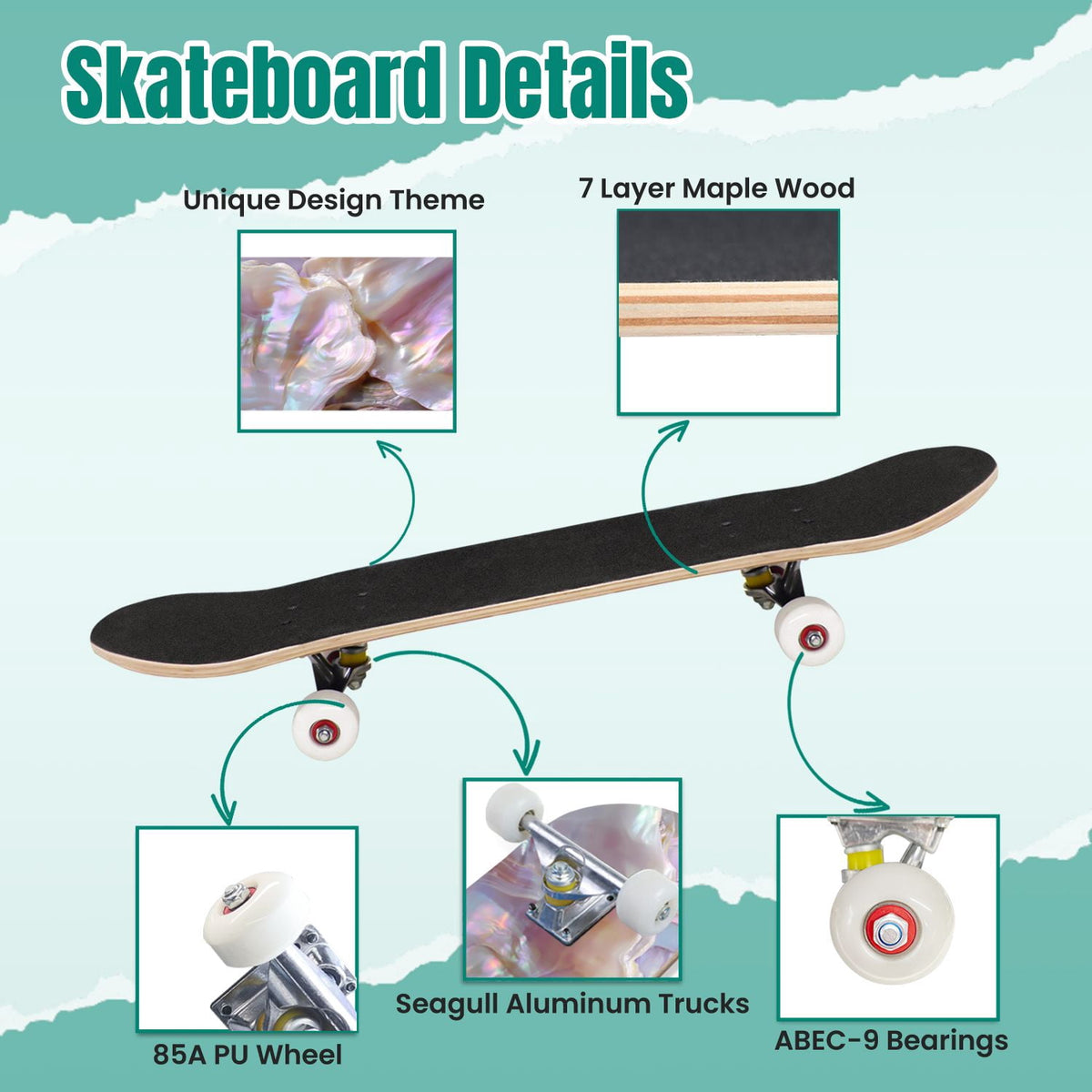 Vintage Damask Light Blue Brown Tones 31" x 8" Complete Skateboard, 7-Ply Canadian Maple Double Kick Trick Board for Kids and Beginners Adult Gifts