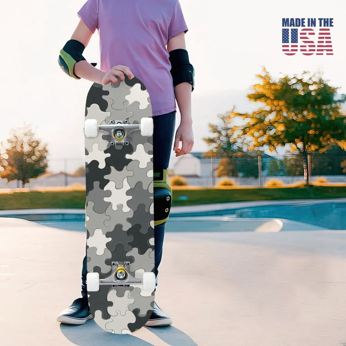31"x8" Complete Skateboards for Beginners,Orange Basketball Hoop Blue Sky Clouds Double Kick 7 Ply Canadian Maple Deck Skateboard with Wheels, Gifts for Kids Teens
