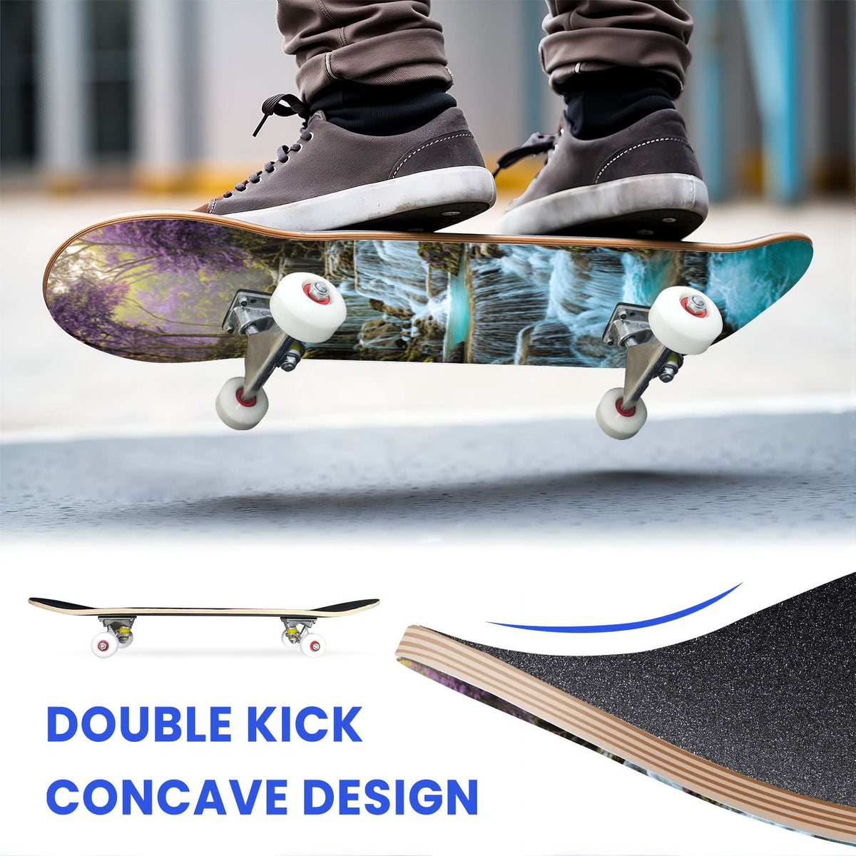 31"x8" Complete Skateboards for Beginners, Vibrant Stained Glass Window Butterflies Flowers Double Kick 7 Ply Canadian Maple Deck Skateboard with Wheels, Gifts for Kids Teens