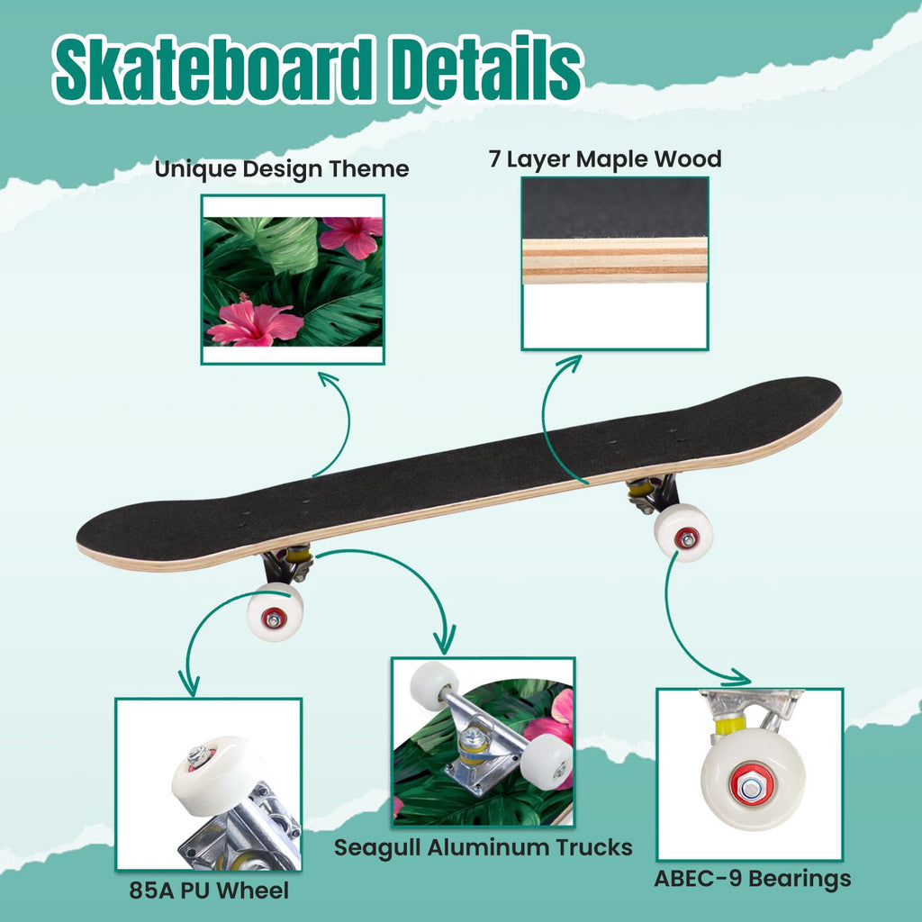 Watercolor Botanical Blue Green Leaves Flowers 31" x 8" Complete Skateboard, 7-Ply Canadian Maple Double Kick Trick Board for Kids and Beginners Adult Gifts