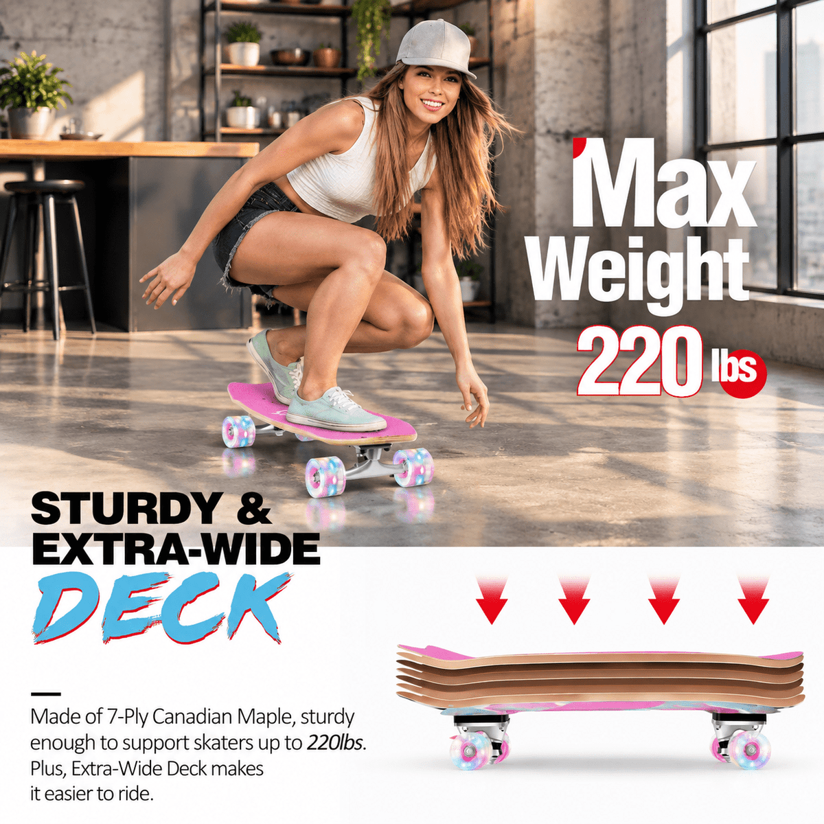 Rainbow 27 x 8 Inch Complete Cruiser Skateboard for Teens Adults Beginners