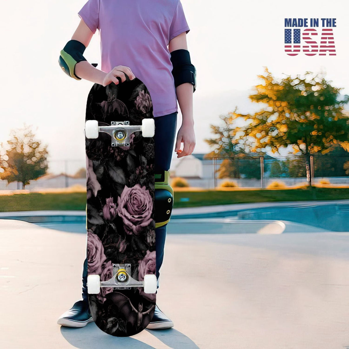 31"x8" Complete Skateboards for Beginners, Ethereal Night Garden Roses Starry Sky Dark Academia Double Kick 7 Ply Canadian Maple Deck Skateboard with Wheels, Gifts for Kids Teens