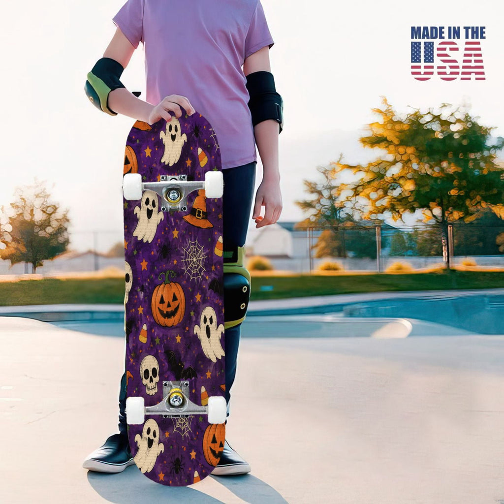 31"x8" Complete Skateboards for Beginners,Halloween Black Cats Pumpkins Ghosts Bats Beige Double Kick 7 Ply Canadian Maple Deck Skateboard with Wheels, Gifts for Kids Teens