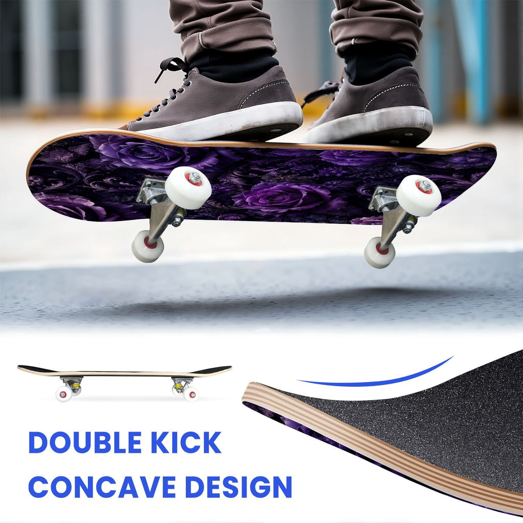 31"x8" Complete Skateboards for Beginners, Purple White Cosmos Flowers Butterflies Watercolor Double Kick 7 Ply Canadian Maple Deck Skateboard with Wheels, Gifts for Kids Teens