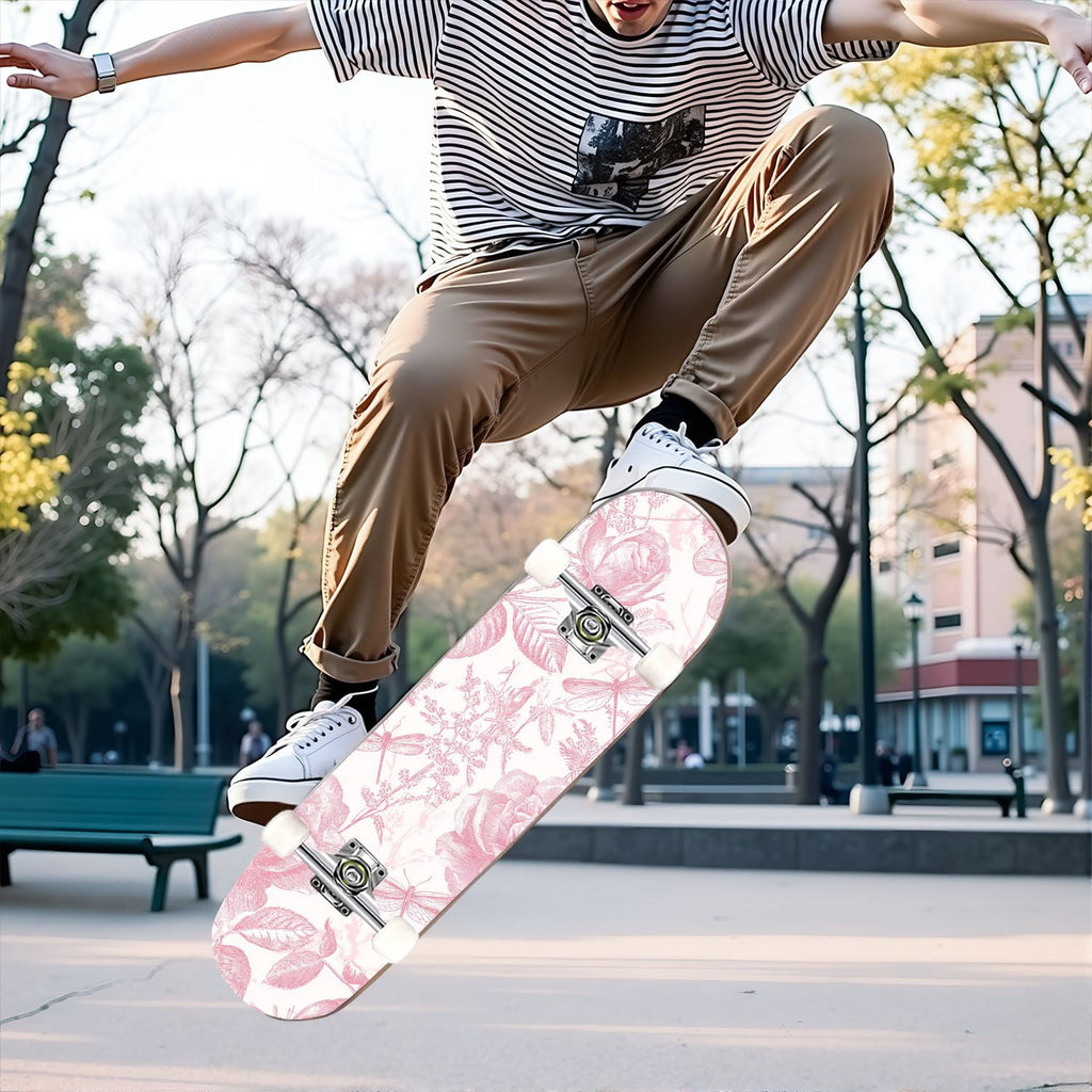 31"x8" Complete Skateboards for Beginners, Elegant Peony Floral Soft Pink White Tones Neutral Double Kick 7 Ply Canadian Maple Deck Skateboard with Wheels, Gifts for Kids Teens