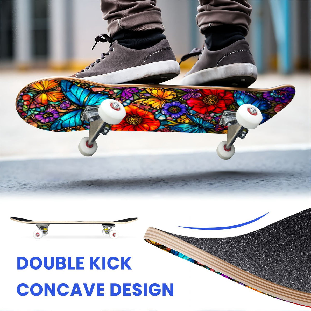 31"x8" Complete Skateboards for Beginners, Vibrant Stained Glass Window Butterflies Flowers Double Kick 7 Ply Canadian Maple Deck Skateboard with Wheels, Gifts for Kids Teens