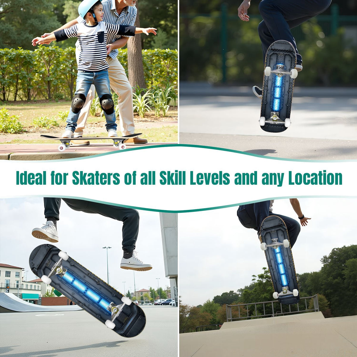 31"x8" Complete Skateboards for Beginners,Geometric Hexagon Glowing Neon Blue Purple Double Kick 7 Ply Canadian Maple Deck Skateboard with Wheels, Gifts for Kids Teens