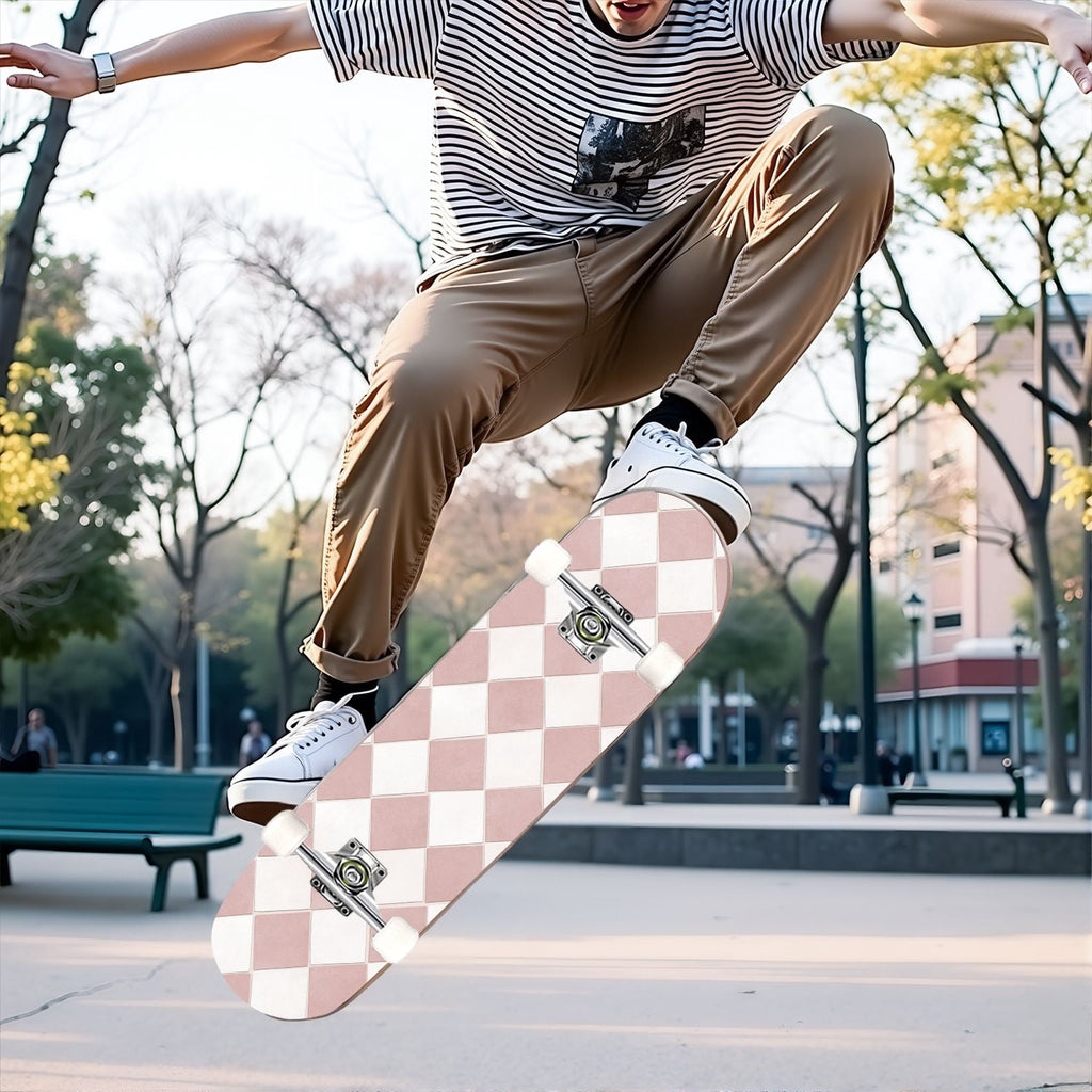 31"x8" Complete Skateboards for Beginners,Colorful Geometric Tile Multicolored Squares Double Kick 7 Ply Canadian Maple Deck Skateboard with Wheels, Gifts for Kids Teens