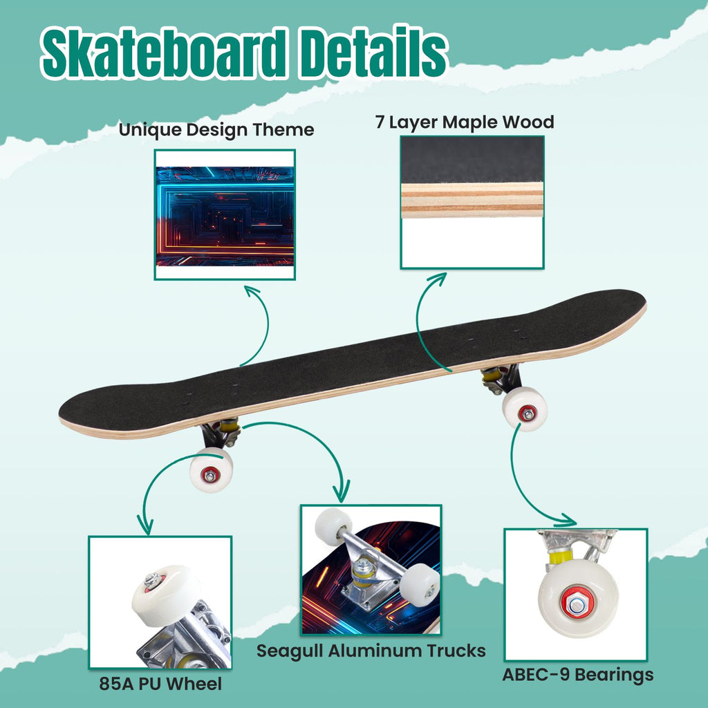 Futuristic Glowing Orange Neon Lines Dark Metallic Panels 31" x 8" Complete Skateboard, 7-Ply Canadian Maple Double Kick Trick Board for Kids and Beginners Adult Gifts