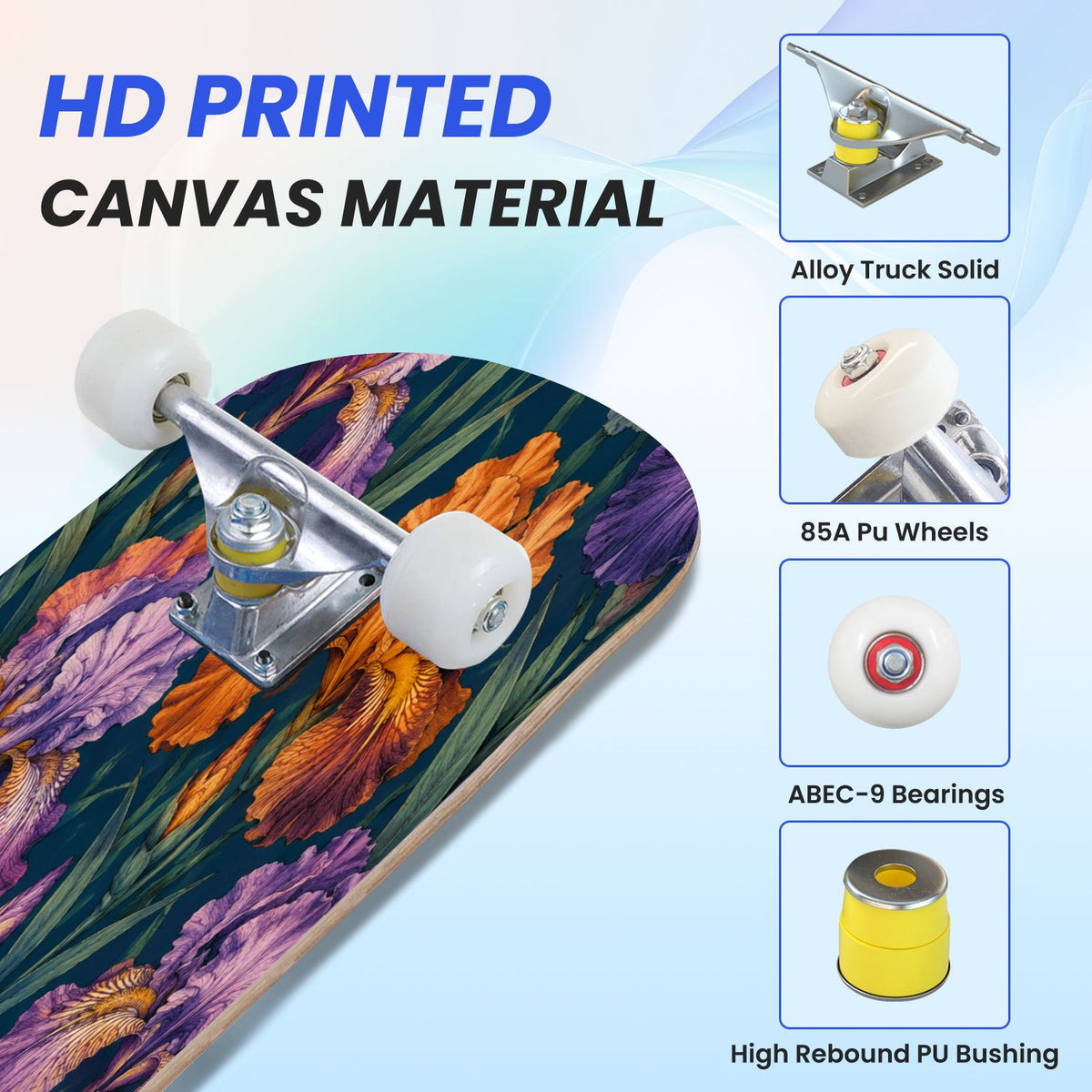 31"x8" Complete Skateboards for Beginners, Vibrant Purple Teal Floral Artwork Golden Accents Vintage Double Kick 7 Ply Canadian Maple Deck Skateboard with Wheels, Gifts for Kids Teens