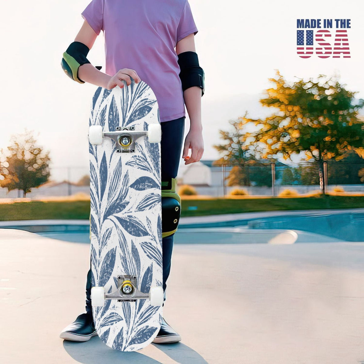 31"x8" Complete Skateboards for Beginners,Blue White Toile Rabbits Birds Floral Motifs Double Kick 7 Ply Canadian Maple Deck Skateboard with Wheels, Gifts for Kids Teens