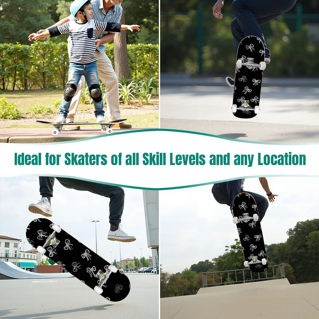 Delicate Pink Floral Ribbon Design 31" x 8" Complete Skateboard, 7-Ply Canadian Maple Double Kick Trick Board for Kids and Beginners Adult Gifts