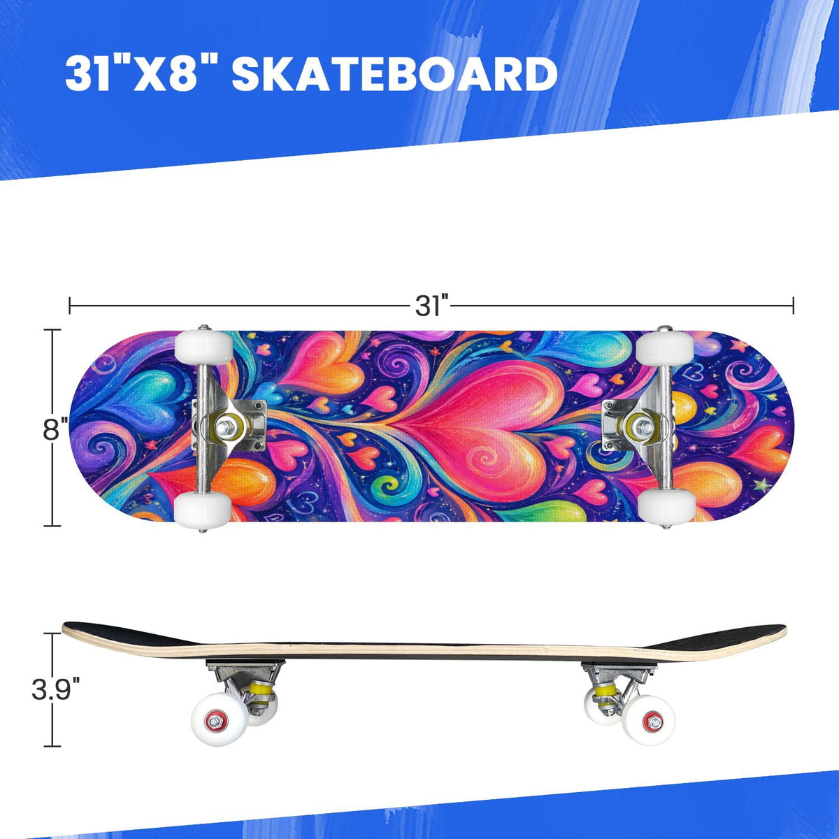 Complete Skateboard Futuristic Space 31 Inch 7-Ply Maple Skateboard with PU Wheels and Aluminum Trucks, Ready-to-Ride Skateboard for Beginners, Teens and Adults