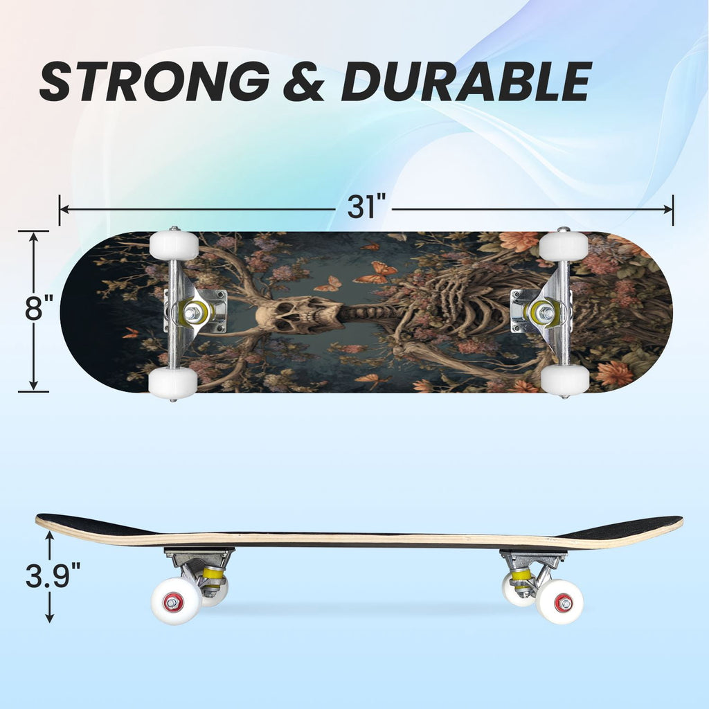 31"x8" Complete Skateboards for Beginners, Skeleton Tree Figure Antler Branches Dark Academia Flowers Double Kick 7 Ply Canadian Maple Deck Skateboard with Wheels, Gifts for Kids Teens