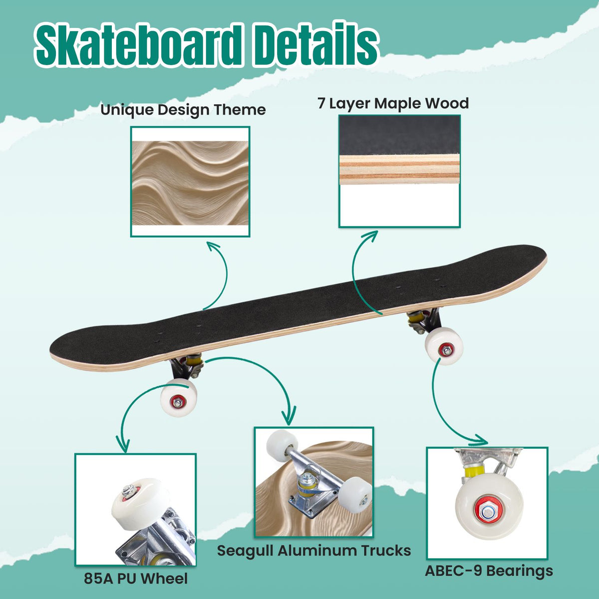 Beige Waves Flowing Lines 3D Effect 31" x 8" Complete Skateboard, 7-Ply Canadian Maple Double Kick Trick Board for Kids and Beginners Adult Gifts