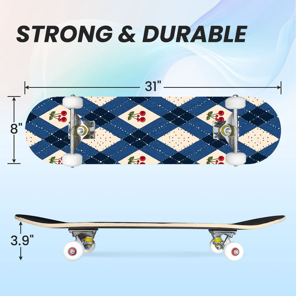 31"x8" Complete Skateboards for Beginners,Pink White Gingham Checkered Subtle Double Kick 7 Ply Canadian Maple Deck Skateboard with Wheels, Gifts for Kids Teens
