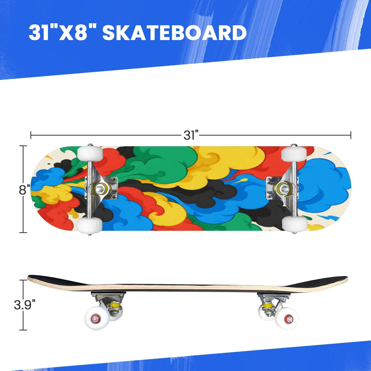 Complete Skateboard Vibrant Brush Stroke Art 31 Inch 7-Ply Maple Skateboard with PU Wheels and Aluminum Trucks, Ready-to-Ride Skateboard for Beginners, Teens and Adults