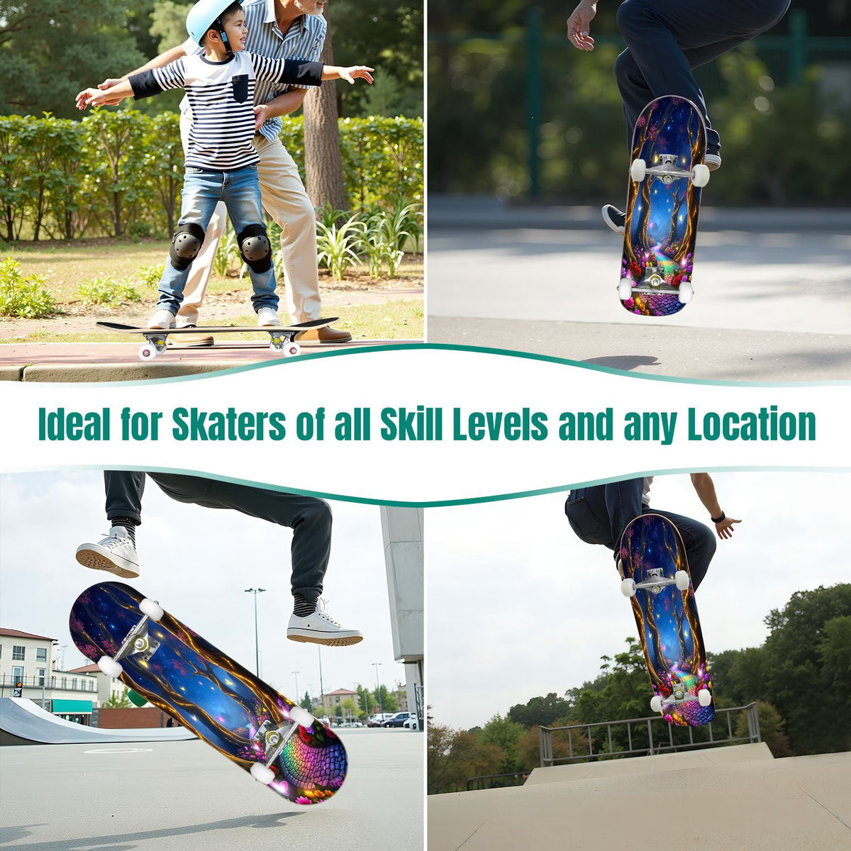 31"x8" Complete Skateboards for Beginners, Magical Forest Glowing Mushrooms Twinkling Fantasy Double Kick 7 Ply Canadian Maple Deck Skateboard with Wheels, Gifts for Kids Teens