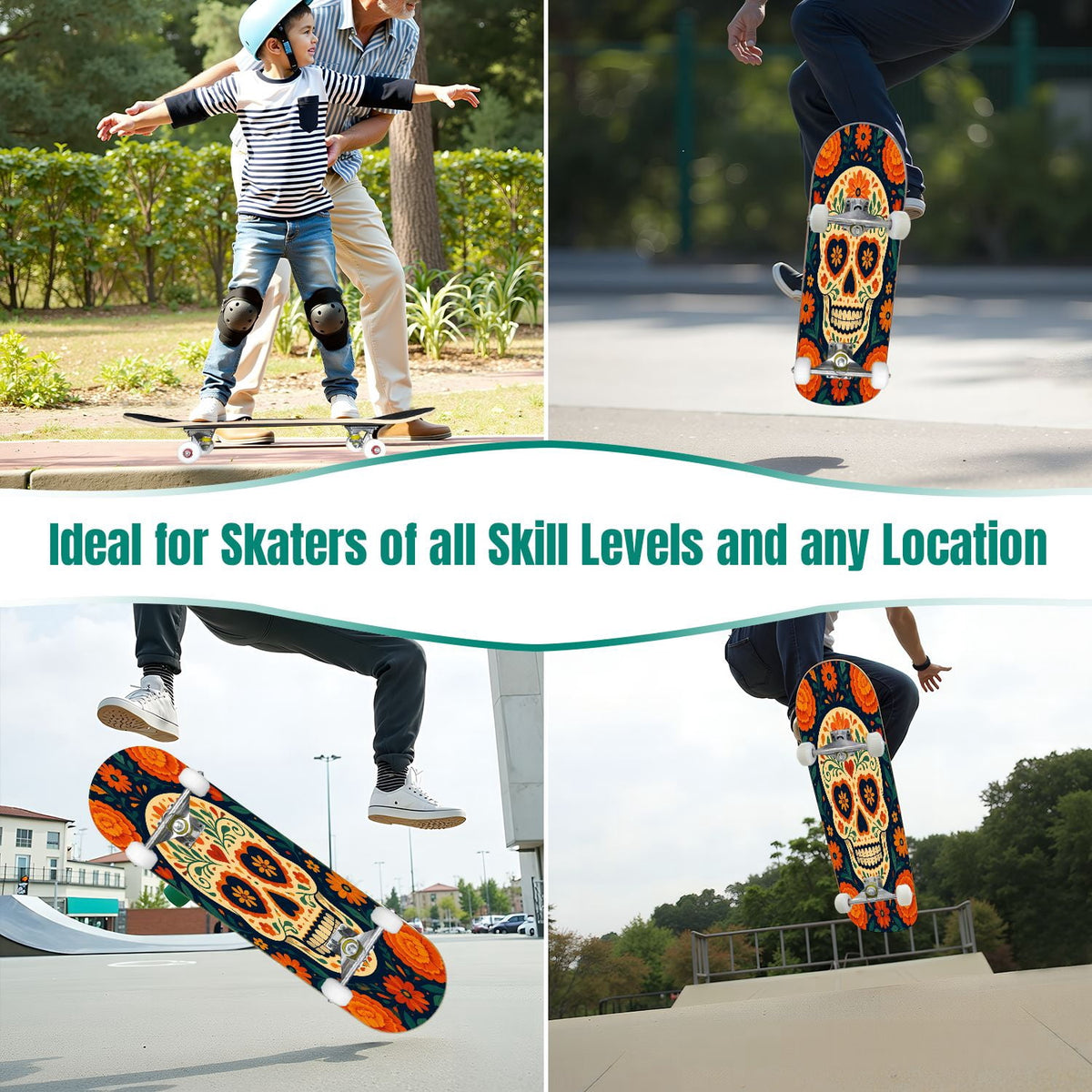31"x8" Complete Skateboards for Beginners, Colorful Sugar Skull Vibrant Floral Day of the Dead Double Kick 7 Ply Canadian Maple Deck Skateboard with Wheels, Gifts for Kids Teens