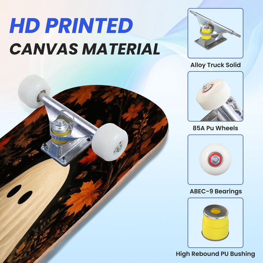 31"x8" Complete Skateboards for Beginners,Halloween Forest Bats Black Cat Glowing Double Kick 7 Ply Canadian Maple Deck Skateboard with Wheels, Gifts for Kids Teens