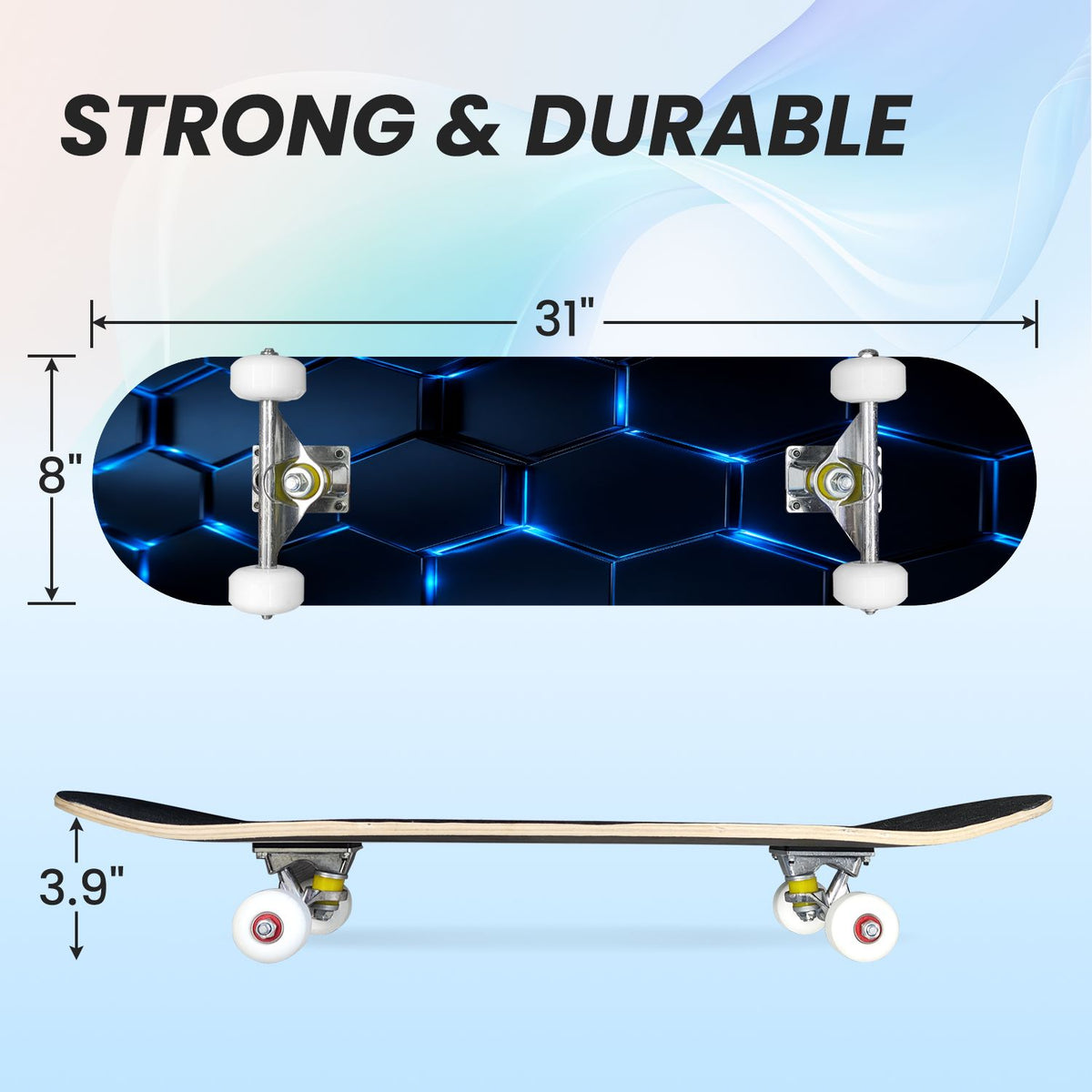 31"x8" Complete Skateboards for Beginners, Modern Abstract Hexagonal Blue Neon Glow Futuristic Double Kick 7 Ply Canadian Maple Deck Skateboard with Wheels, Gifts for Boys Teens