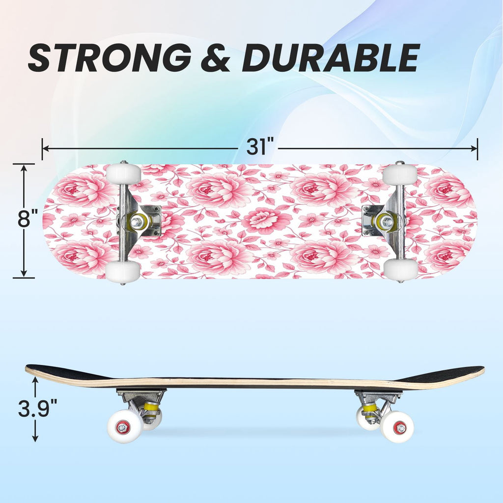 31"x8" Complete Skateboards for Beginners, Seamless Pink Peony Floral Cream Double Kick 7 Ply Canadian Maple Deck Skateboard with Wheels, Gifts for Girls Teens