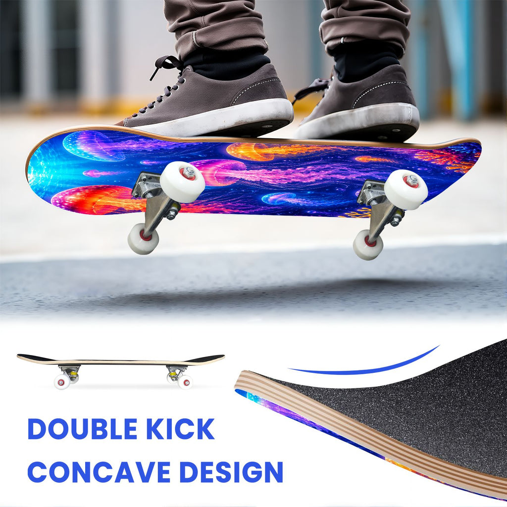 31"x8" Complete Skateboards for Beginners, Colorful Underwater Two Seahorses Coral Reefs Double Kick 7 Ply Canadian Maple Deck Skateboard with Wheels, Gifts for Kids Teens