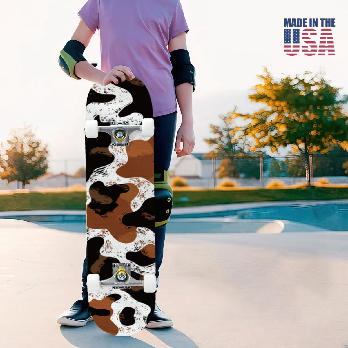 31"x8" Complete Skateboards for Beginners,Leopard Print Black Brown Beige Double Kick 7 Ply Canadian Maple Deck Skateboard with Wheels, Gifts for Kids Teens