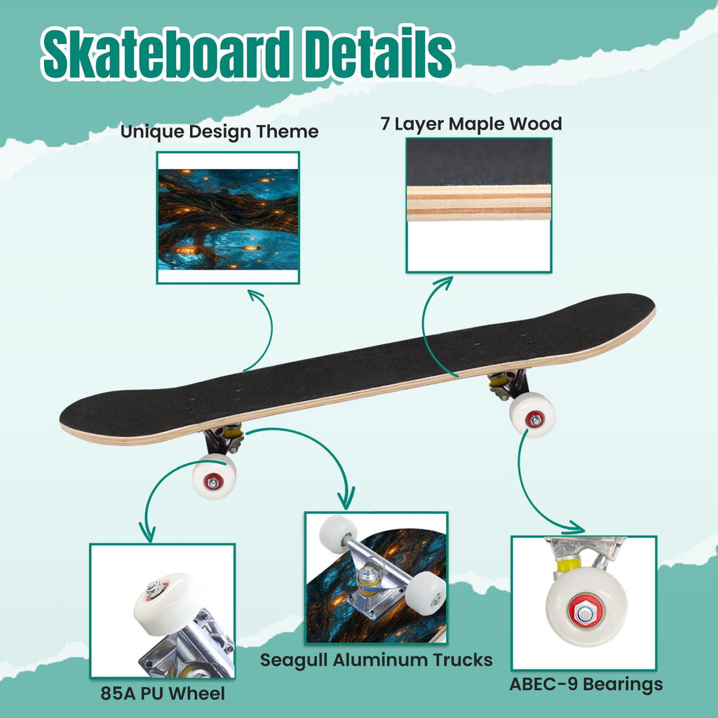 3D Nude Visual Effect Yellowish Brown Layered Chrysanthemum 31" x 8" Complete Skateboard, 7-Ply Canadian Maple Double Kick Trick Board for Kids and Beginners Adult Gifts
