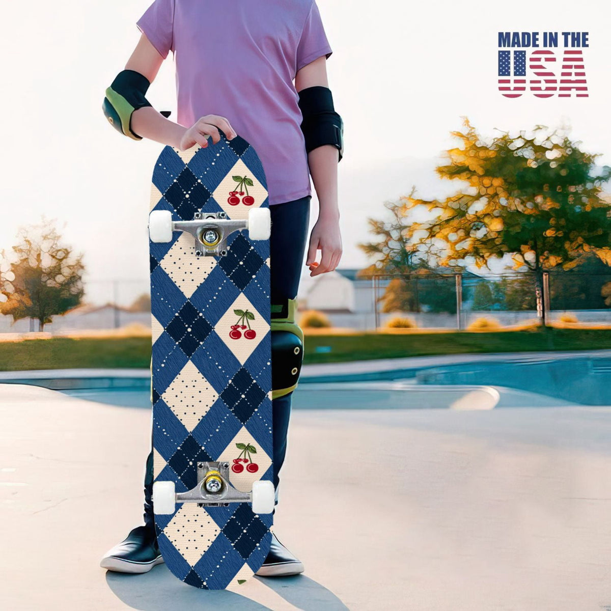 31"x8" Complete Skateboards for Beginners,Pink White Gingham Checkered Subtle Double Kick 7 Ply Canadian Maple Deck Skateboard with Wheels, Gifts for Kids Teens