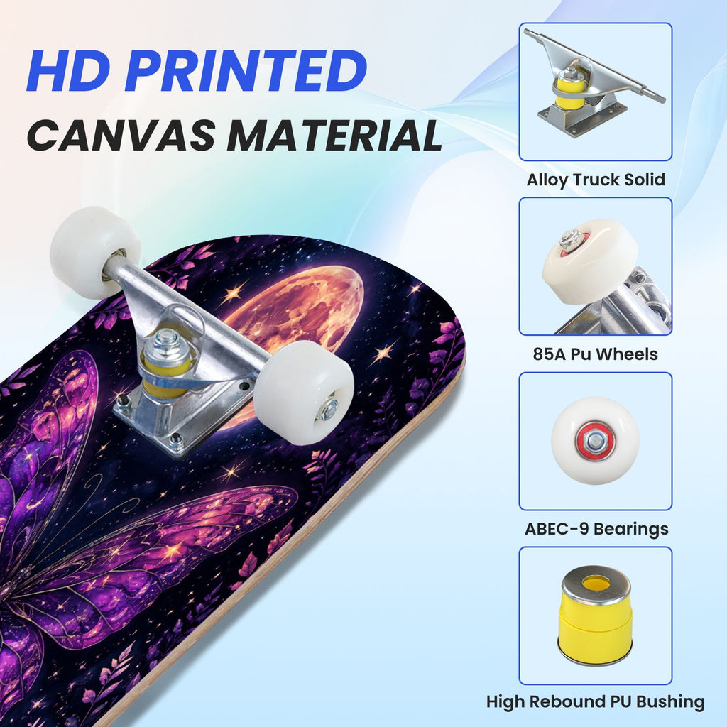 31"x8" Complete Skateboards for Beginners, Glowing Bioluminescent Mushrooms Mystical Forest Double Kick 7 Ply Canadian Maple Deck Skateboard with Wheels, Gifts for Kids Teens