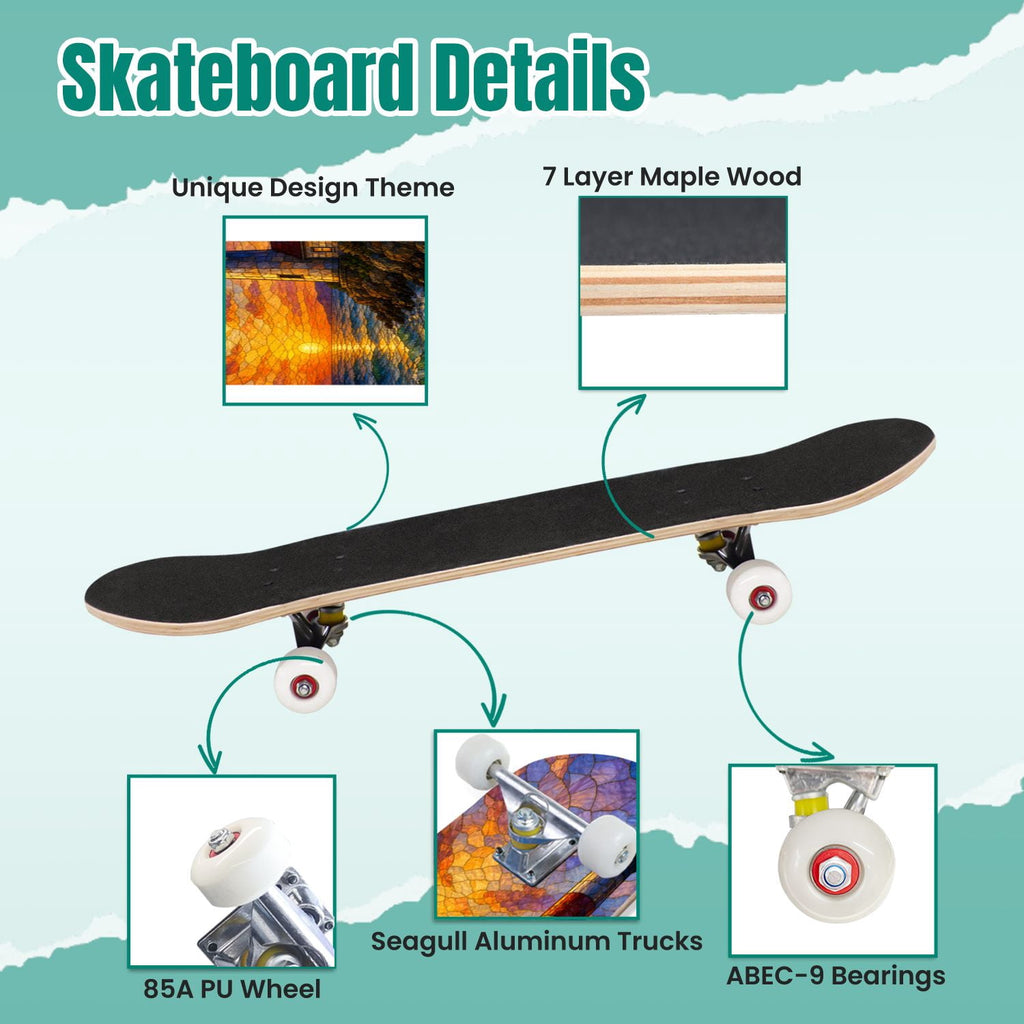 Rose Teal Rose Painting Turquoise Blue Flower Kitchen Decor 31" x 8" Complete Skateboard, 7-Ply Canadian Maple Double Kick Trick Board for Kids and Beginners Adult Gifts