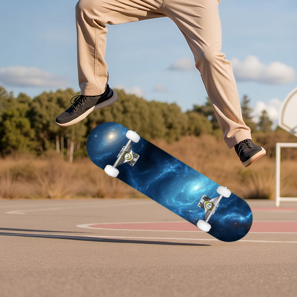 Vibrant Purple Blue Cosmic Galaxy Stars Nebula Clouds 31" x 8" Complete Skateboard, 7-Ply Canadian Maple Double Kick Trick Board for Kids and Beginners Adult Gifts