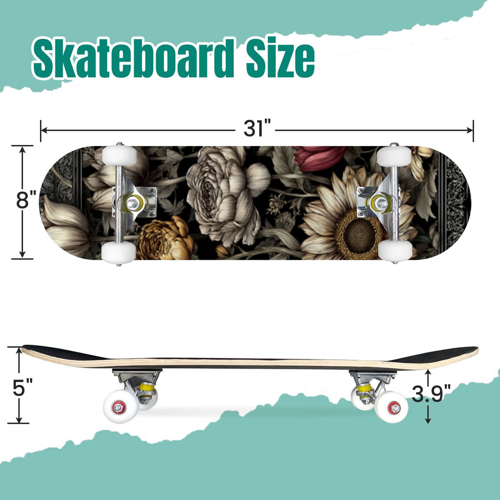 Gothic Purple Blue Floral Dark 31" x 8" Complete Skateboard, 7-Ply Canadian Maple Double Kick Trick Board for Kids and Beginners Adult Gifts